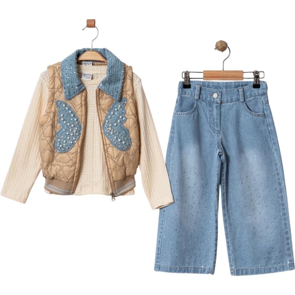 12272 toptan 3/6 yaş arası kız çocuklar için kot pantolonlu üçlü mevsimlik takım elbise