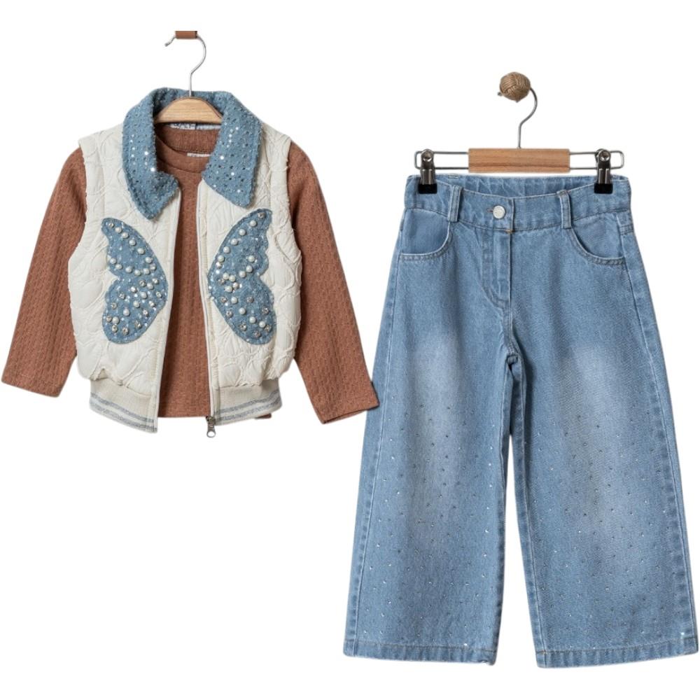 12272 toptan 3/6 yaş arası kız çocuklar için kot pantolonlu üçlü mevsimlik takım elbise