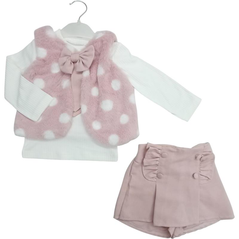 4156 toptan 2/5 yaş kız çocuklar için mevsimlik yelekli.şort-etekli üç parçalı takım elbiseler