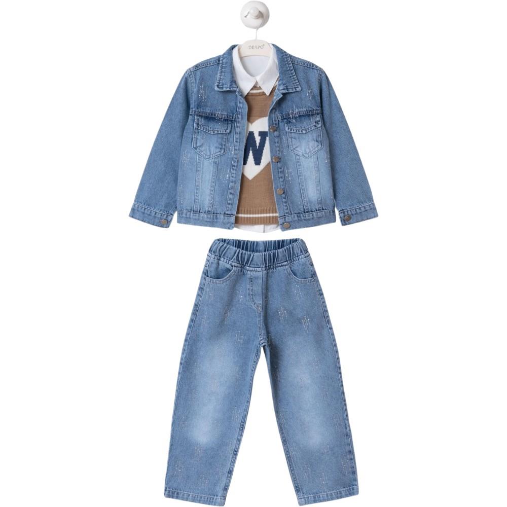 26327 wholesale children's demi-season denim suits with shirts and knitted sweatshirts for girls aged 5/8 years