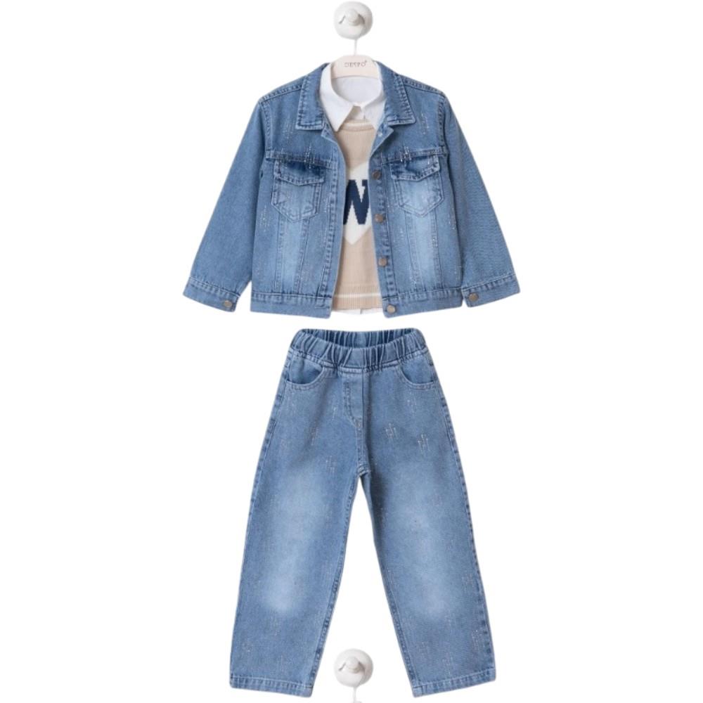 26327 wholesale children's demi-season denim suits with shirts and knitted sweatshirts for girls aged 5/8 years