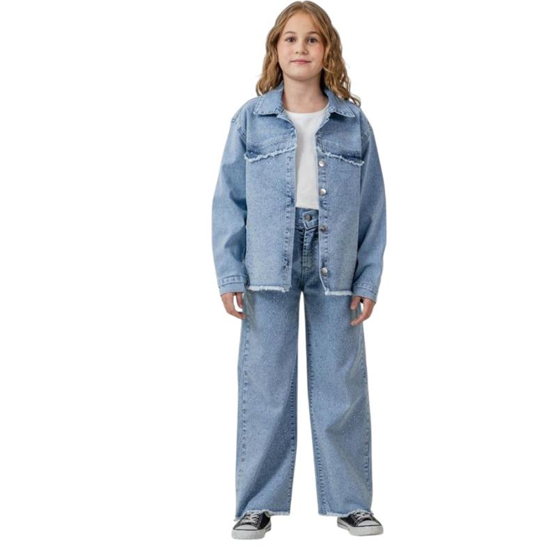 6372 toptan 10/13 yaş arası kız çocukları için mevsimlik üç parçalı tişörtlü kot takım elbise