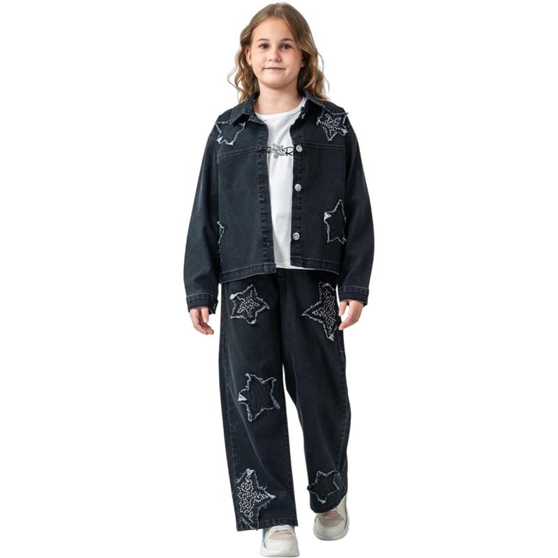 6371 toptan  10/13 yaş arası kız çocukları için mevsimlik üç parçalı tişörtlü kot takım elbise 