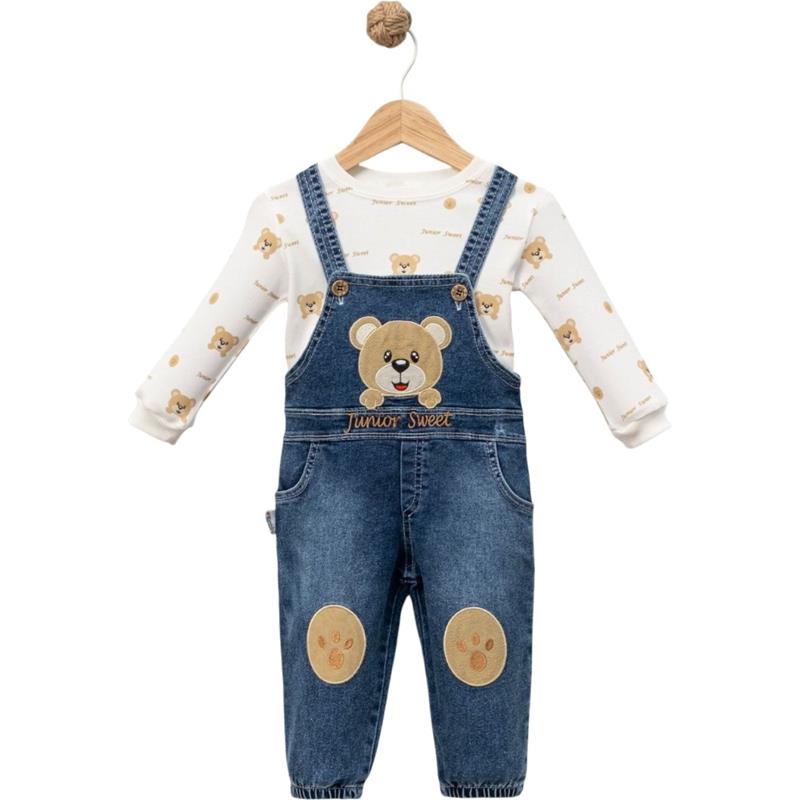 613 toptan 12/24 aylık bebekler için tişörtlü ayıcık nakışlı kot tulum-pantolon,salopet
