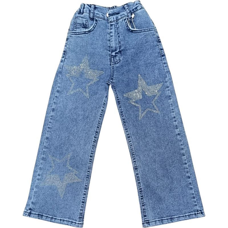 5110 toptan 6/14 yaş kız çocuklar için taşlı yıldız işlemeli kot pantolonlar