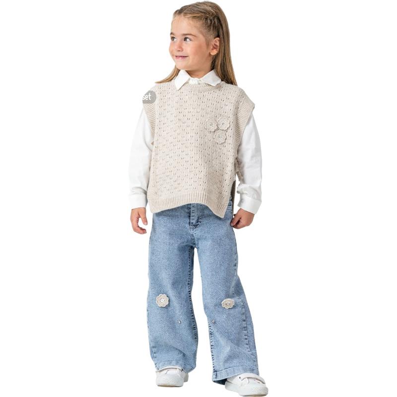 4503 Wholesale children's demi-season three-piece suits with shirts, knitted capes and denim trousers for girls aged 10/13 years