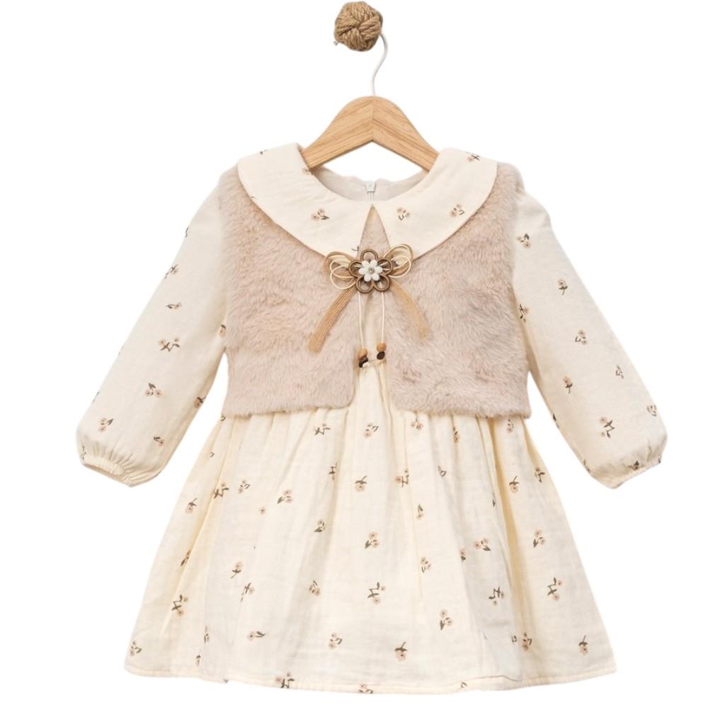 6002 toptan 2-5 yaş arası kız çocuklar için peluş yelekli çocuk mevsimlik elbiseler