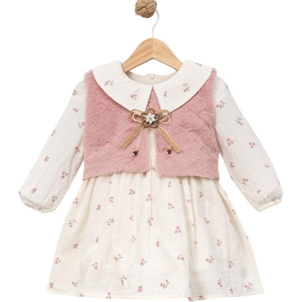 6002 toptan 2-5 yaş arası kız çocuklar için peluş yelekli çocuk mevsimlik elbiseler