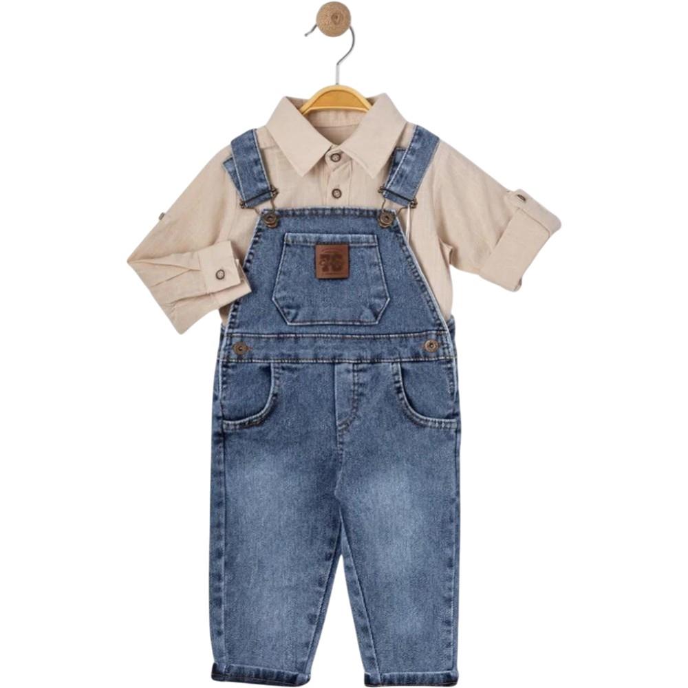 6043 toptan 9/24 aylık erkek bebekler için gömlekli kot salopet