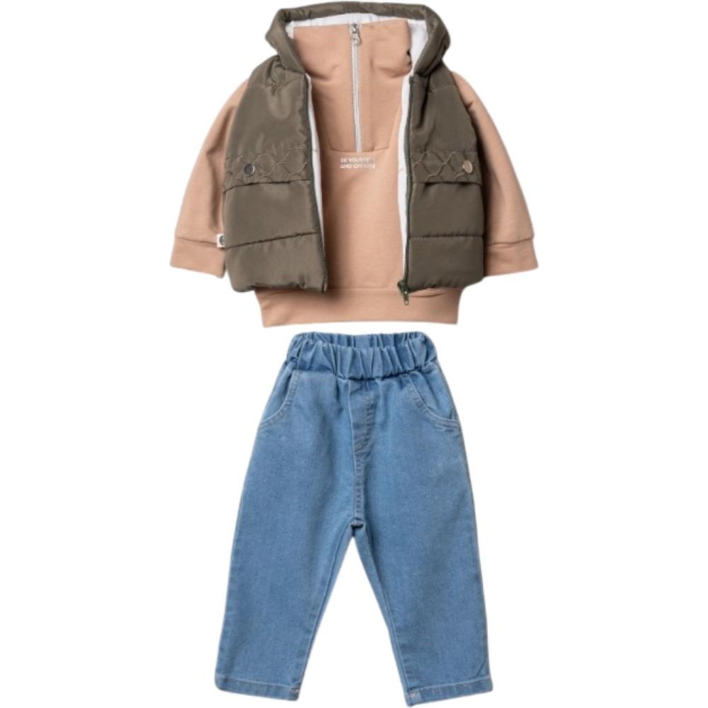 5258 toptan 6-9-12 aylık arası erkek çocuklar için yelekli mevsimlik üç parçalı takım elbise