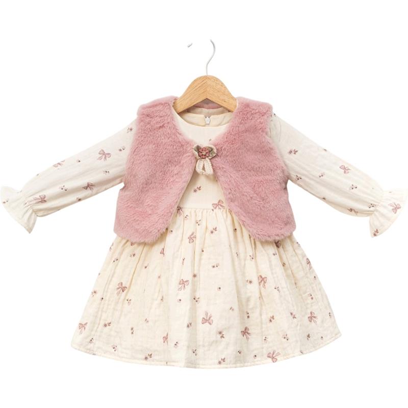 6016 toptan 2-5 yaş arası kız çocuklar için peluş bolerolu mevsimlik elbiseler