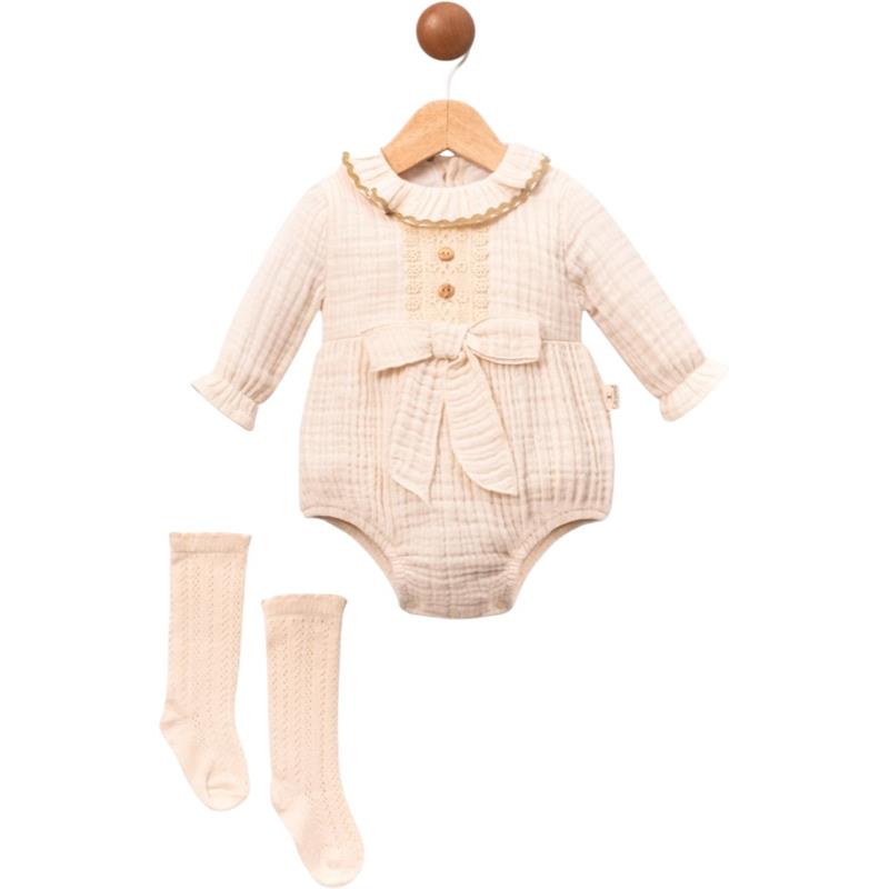 1090 toptan 3-6-9 aylık bebekler için çoraplı mevsimlik çıtçıtlı badi-elbise seti