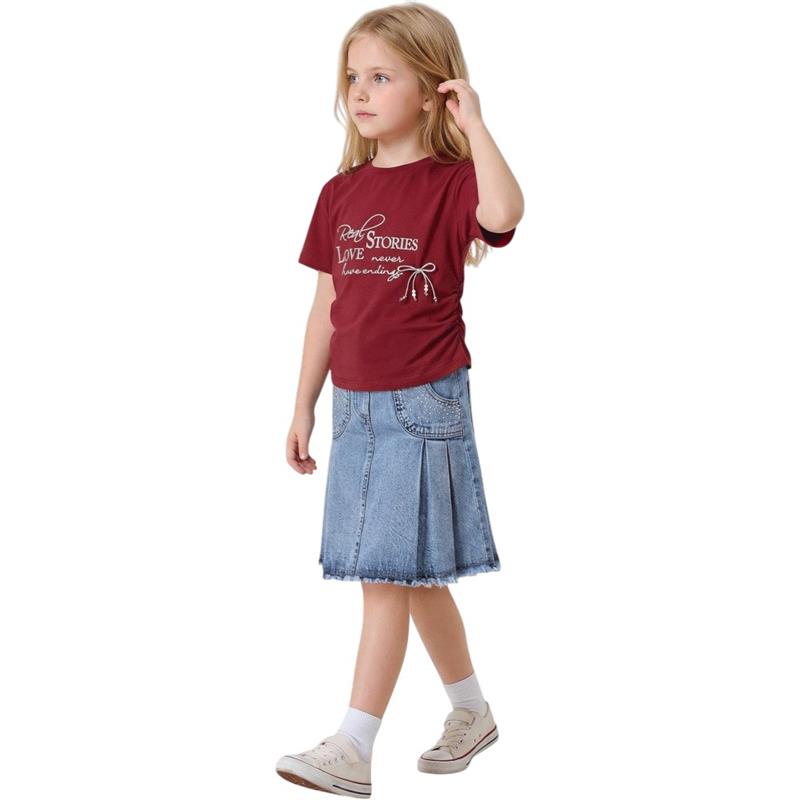 26407 toptan 6/9 yaş arası kız çocuklar için yazlık tişört ve kot etekli ikili takım