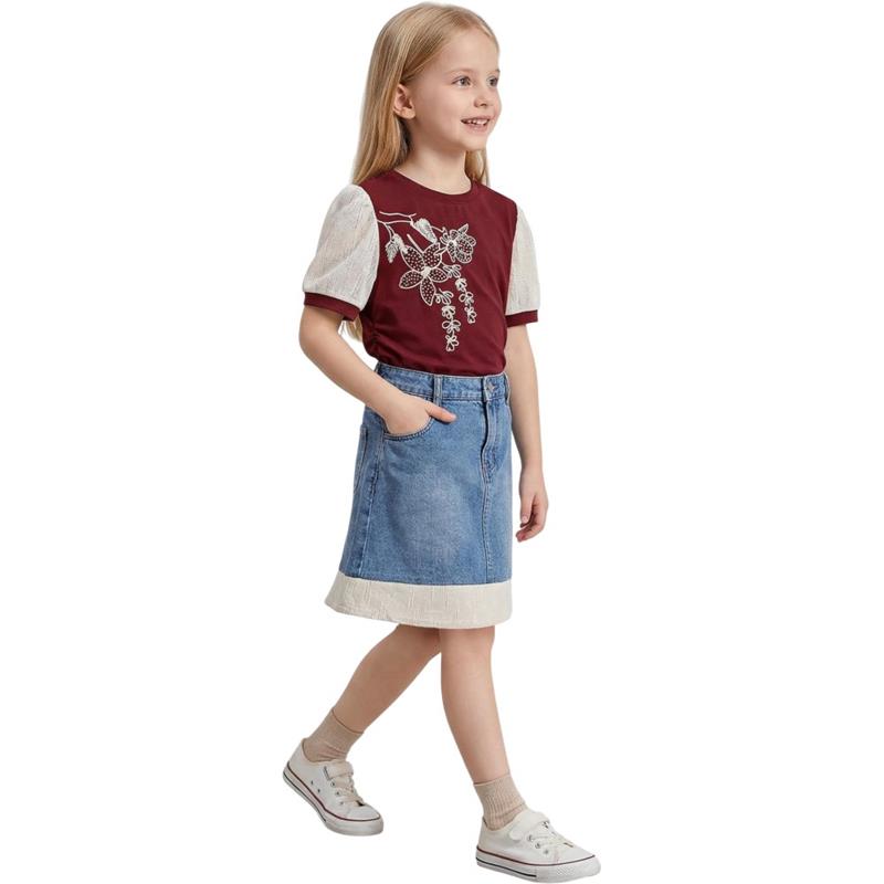 26404 Toptan 6-9 yaş arası kız çocuklar için yazlık tişört ve kot etekler