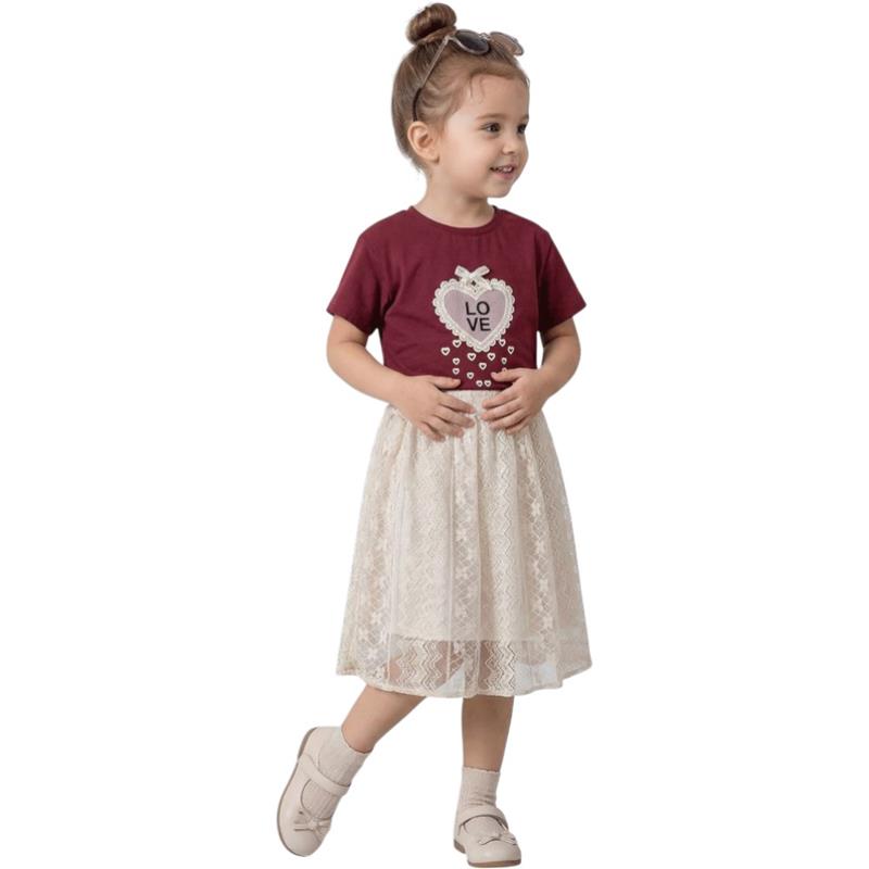 26413 Toptan 6-9 yaş arası kız çocuklar için etekli tişörtlü yazlık iki parçalı takımlar