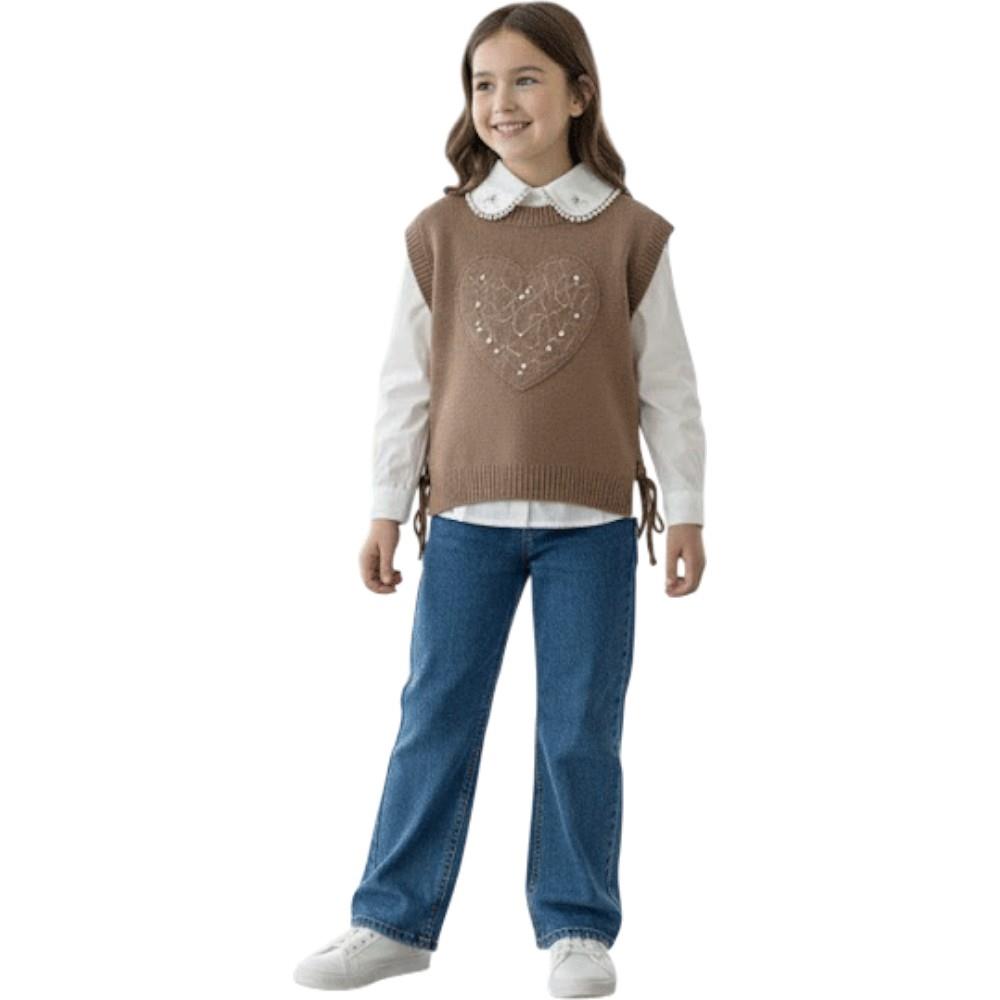 1055 toptan 2-5 yaş arası kız çocuklar için üç parçalı triko pelerinli bluz ve kot pantolonlu takım elbise