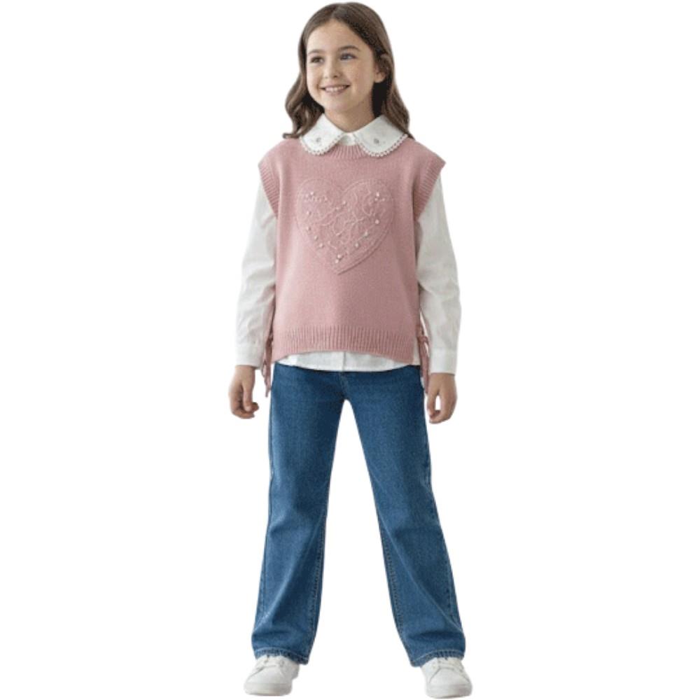 1055 toptan 2-5 yaş arası kız çocuklar için üç parçalı triko pelerinli bluz ve kot pantolonlu takım elbise