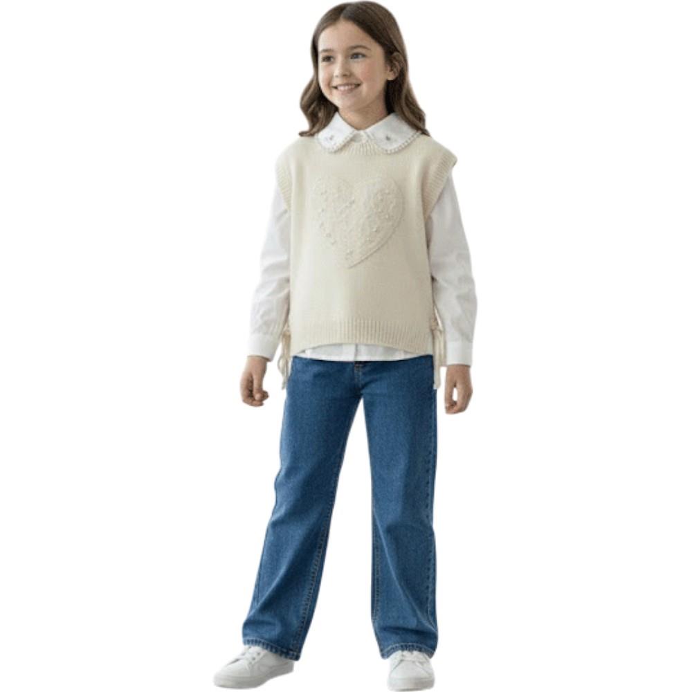 1055 toptan 2-5 yaş arası kız çocuklar için üç parçalı triko pelerinli bluz ve kot pantolonlu takım elbise