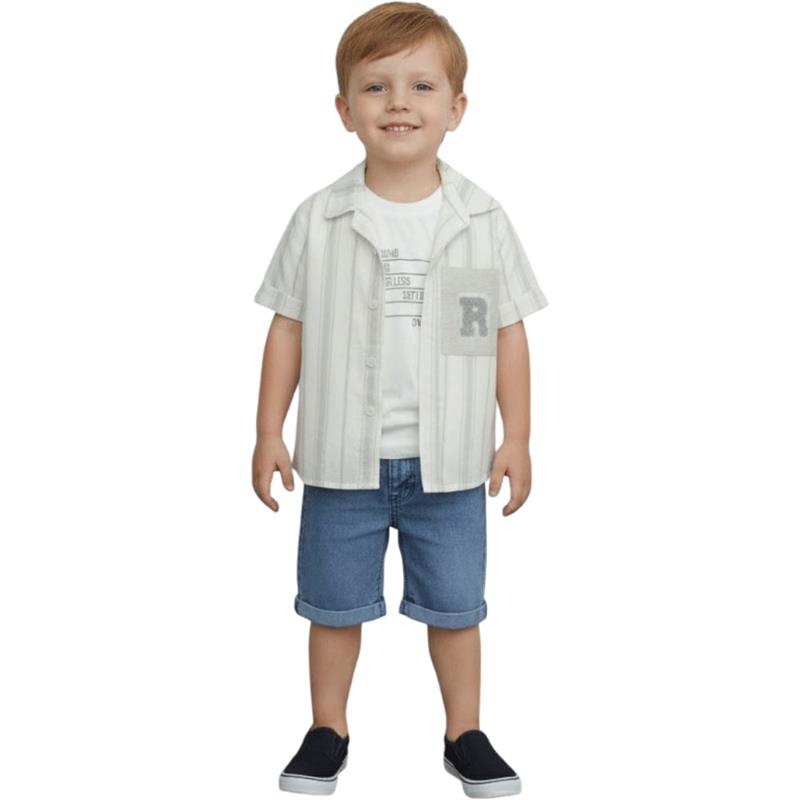 26729 toptan 1-4 yaş erkek çocuklar için toptan yazlık üç parçalı,gömlek, tişört ve kot kapri takımlar