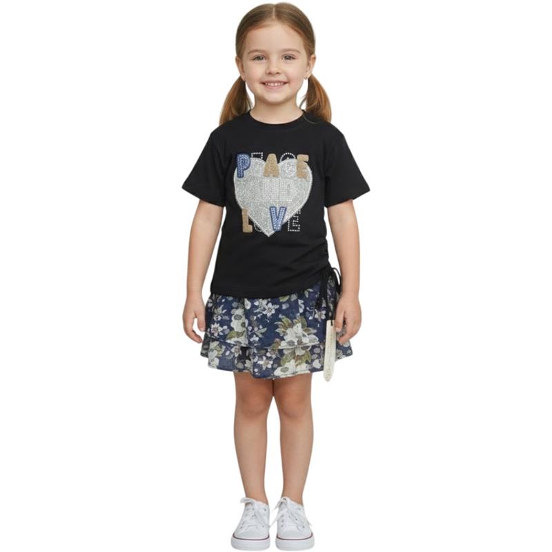 26437 toptan 2-5 yaş arası kız çocuklar için etekli tişörtü yazlık iki parçalı takımlar