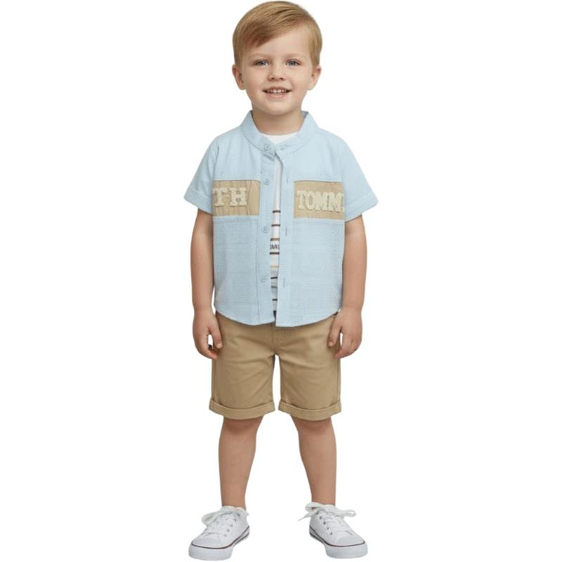 26719 toptan 9-24 aylık bebekler için toptan yazlık üç parçalı,gömlek, tişört ve şort takımlar