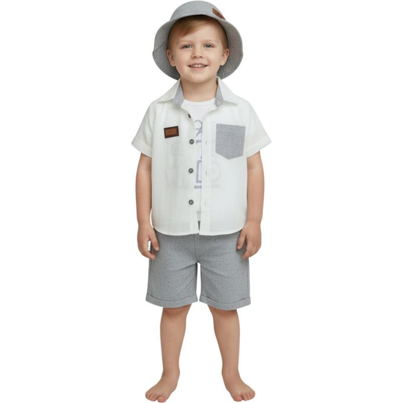 2961 toptan 1-4 yaş erkek çocuklar için toptan yazlık dört parçalı,gömlek,tişört,şapka ve kapri takımlar