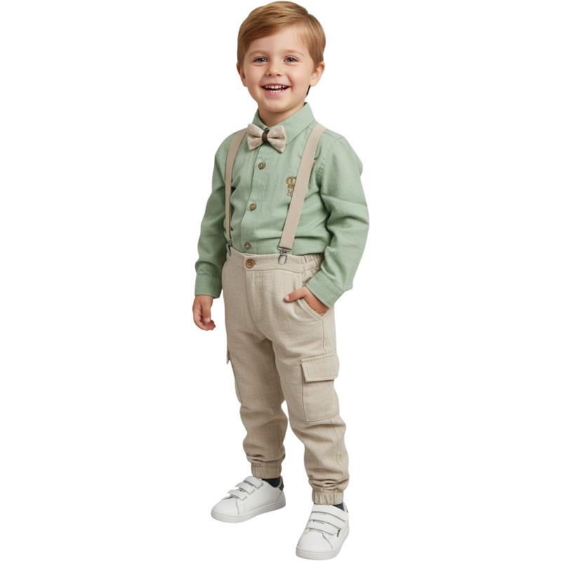 2023 toptan 9-24 aylık bebekler için çocuk mevsimlik papyonlu gömlek, askılı pantolonlu iki parçalı takımlar