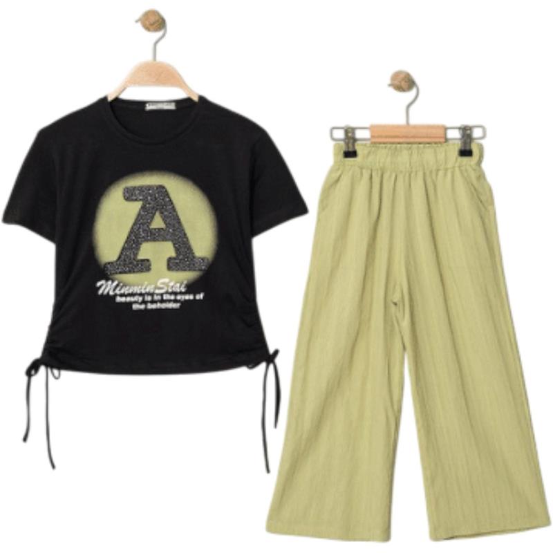 7348 toptan 5/8 yaş arası kız çocuklar için A baskılı tişört ve pantolonlu yazlık iki parçalı takımlar