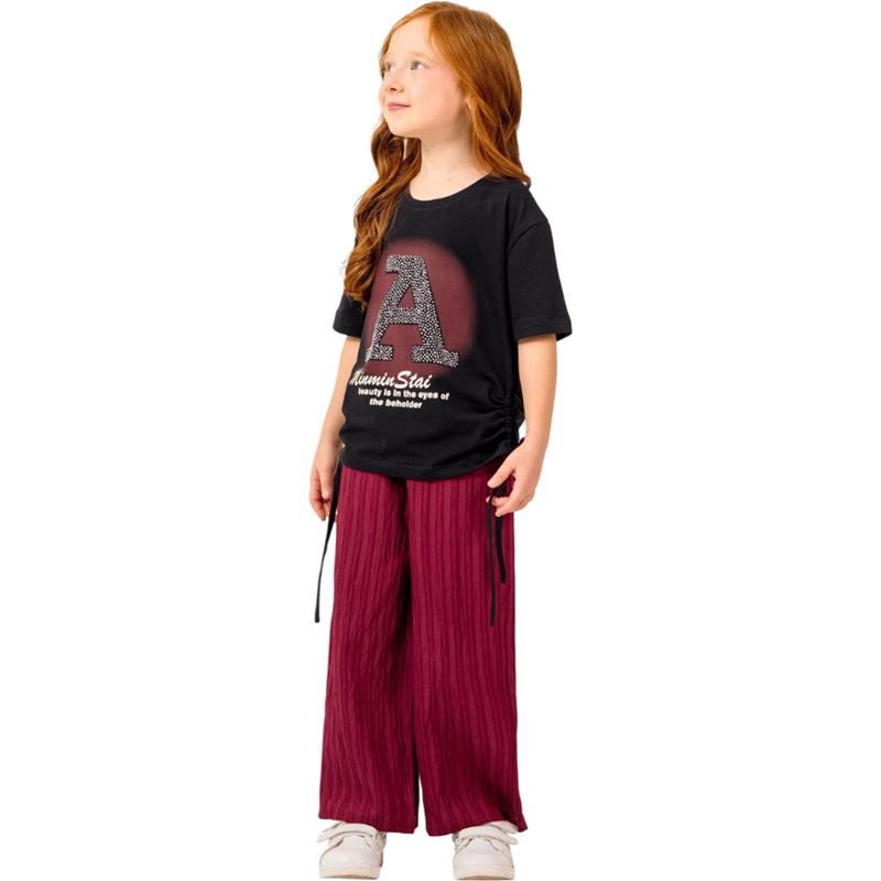 8348 toptan 9-12 yaş arası kız çocuklar için A baskılı tişört ve pantolonlu yazlık iki parçalı takımlar