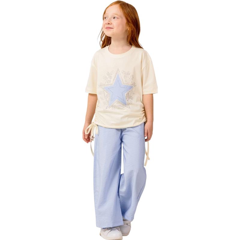 8352 toptan 9-12 yaş arası kız çocuklar için yazlık yıldız işlemeli tişört ve pantolonlu iki parçalı takım elbise