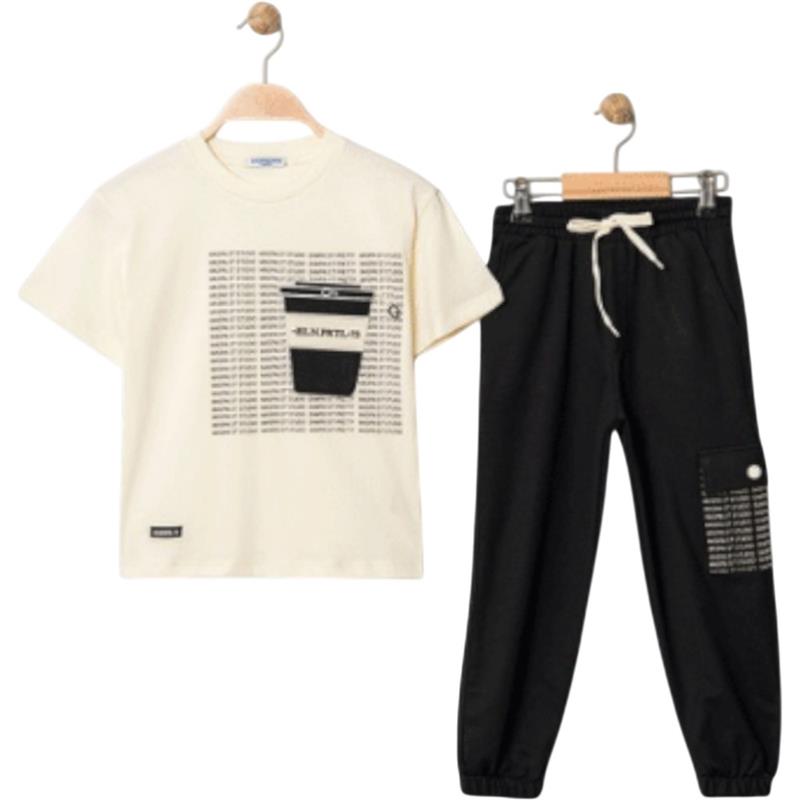 4317 toptan 9-12 yaş arası erkek çocuklar için yazlık bardak baskılı tişört ve pantolonlu iki parçalı takım elbise