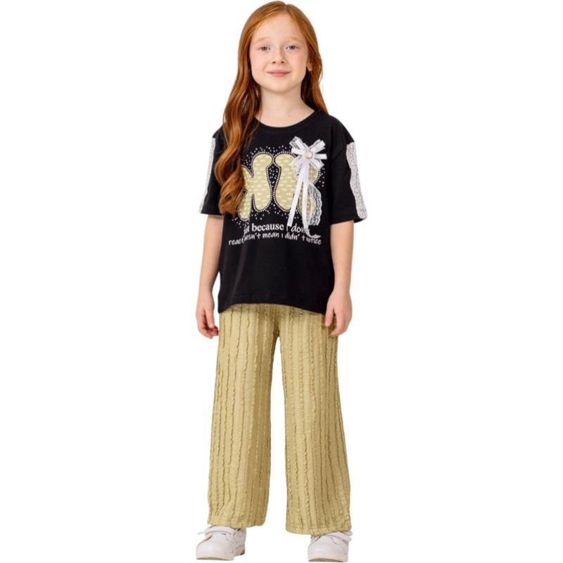 7335 toptan 5-8 yaş arası kız çocuklar için fiyonklu tişört ve pantolonlu yazlık iki parçalı takım