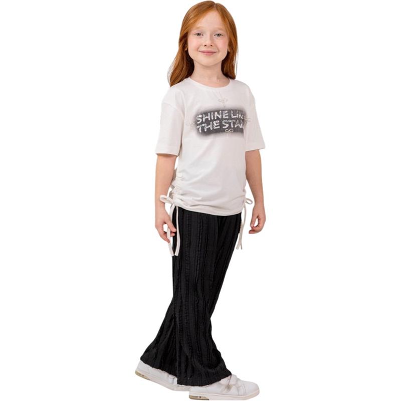 7341 toptan 5-8 yaş arası kız çocuklar için yazlık SHİNE baskılı tişört ve pantolonlu iki parçalı takım elbise 