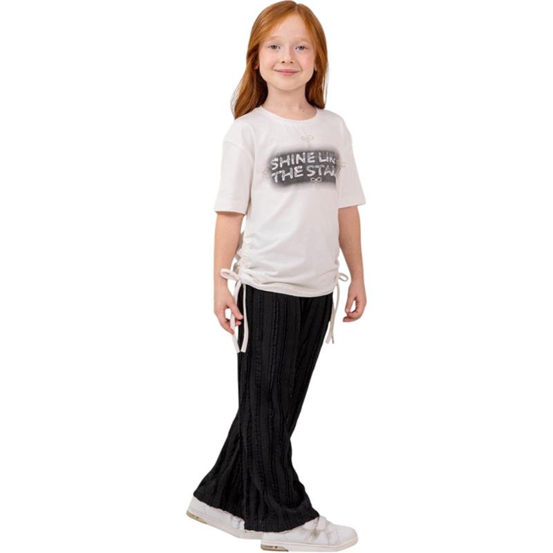 8341  toptan 9-12 yaş arası kız çocuklar için SHİNE baskılı tişört ve pantolonlu yazlık iki parçalı takımlar 