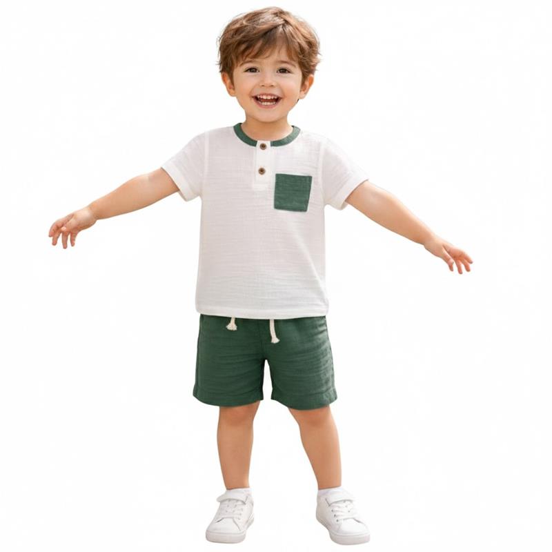 1293 toptan 9-24 aylık erkek çocuklar için müslin kumaş gömlekli şortlu yazlık iki parçalı takım