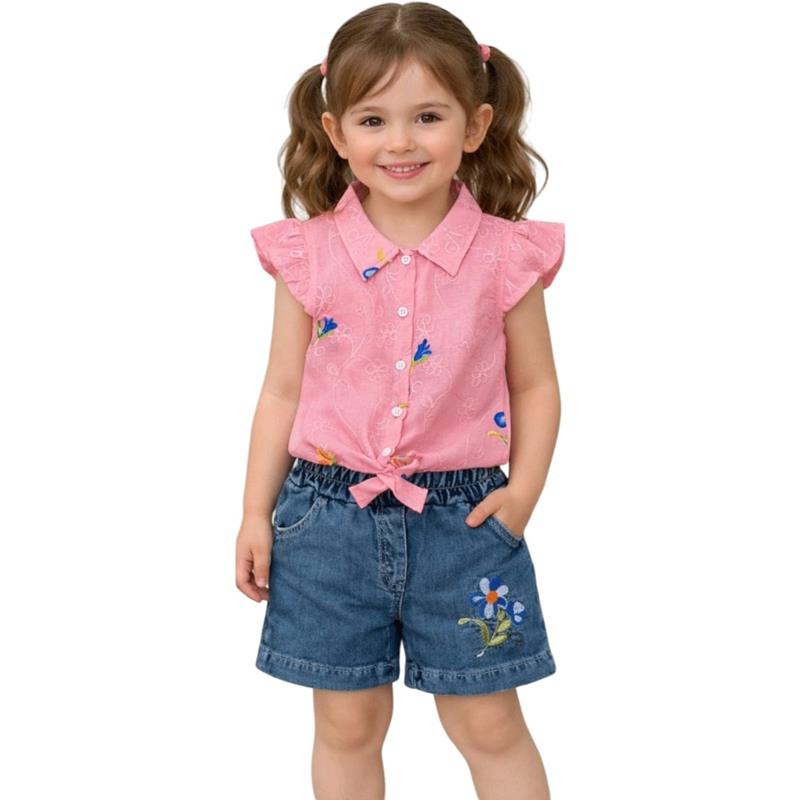 1307 toptan 2/5 yaş kız çocuklar için çiçek desenli bluzlu, kot şortlu yazlık ikili takım