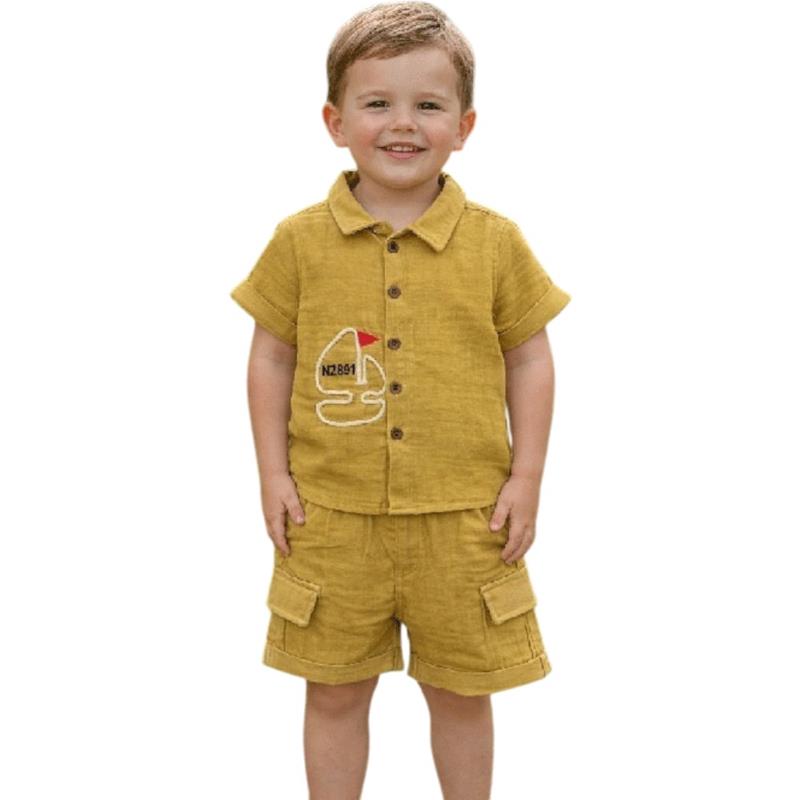 1262 toptan 9/24 aylık erkek çocuklar için gömlekli,şortlu ve şapkalı yazlık takım