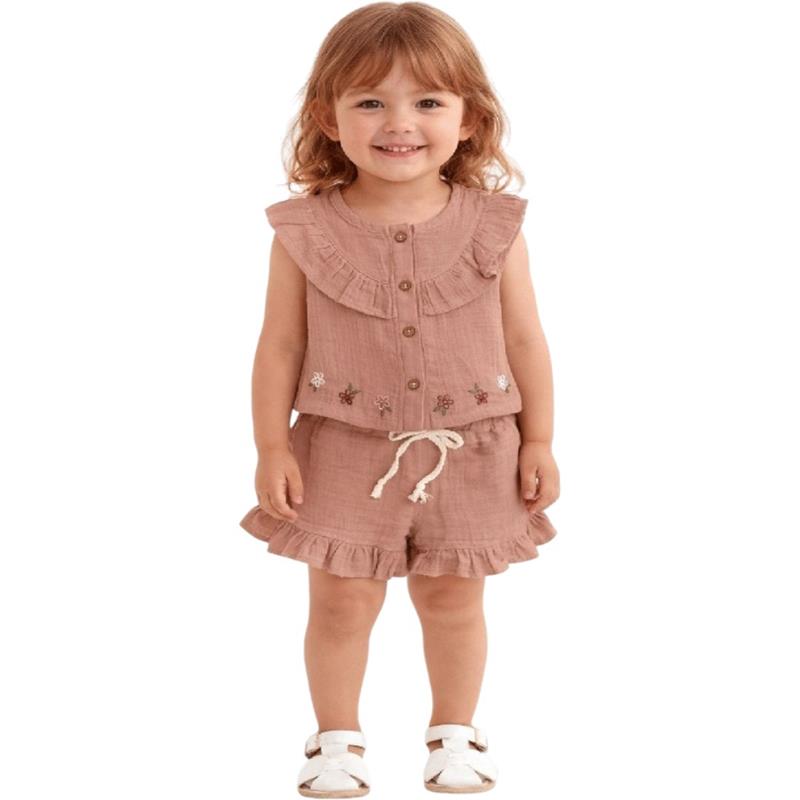 1254 toptan 9-24 aylık kız çocuklar için bluz ve şort tan oluşan çocuk yazlık iki parçalı takım elbise