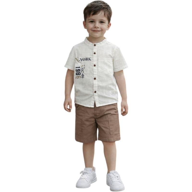 1297 toptan 2-5 yaş arası erkek çocuklar için çocuk yazlık iki parçalı gömlek ve şortlu takım elbise