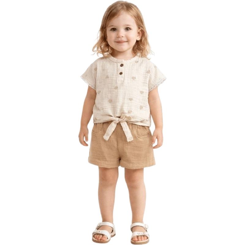 1266 toptan 9-24 aylık kız çocuklar için bluz ve şort tan oluşan çocuk yazlık iki parçalı takım elbise