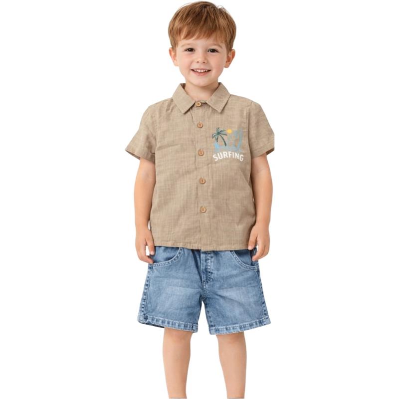 1027 toptan 2/5 yaş erkek çocuklar için SURFING baskılı gömlek ve kot şortlu yazlık ikili takım 