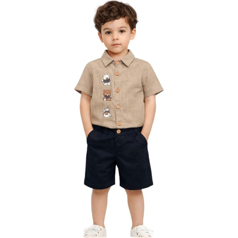1029 toptan 9/24 aylık erkek çocuklar için ayıcık nakışlı gömlek ve şortlu yazlık ikili takım