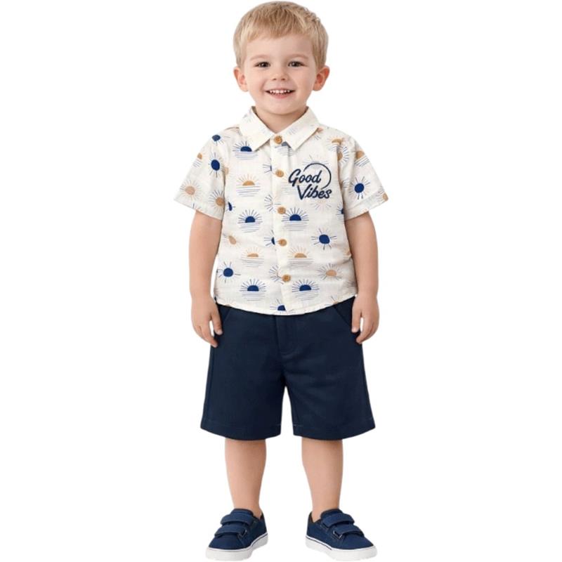 1048 toptan 9/24 aylık erkek çocuklar için GOOD VİBES baskılı gömlek ve şortlu yazlık ikili takım 