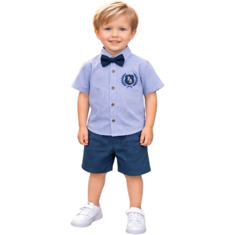 1031 toptan 9/24 aylık erkek çocuklar için papyonlu gömlek ve şortlu yazlık ikili takım