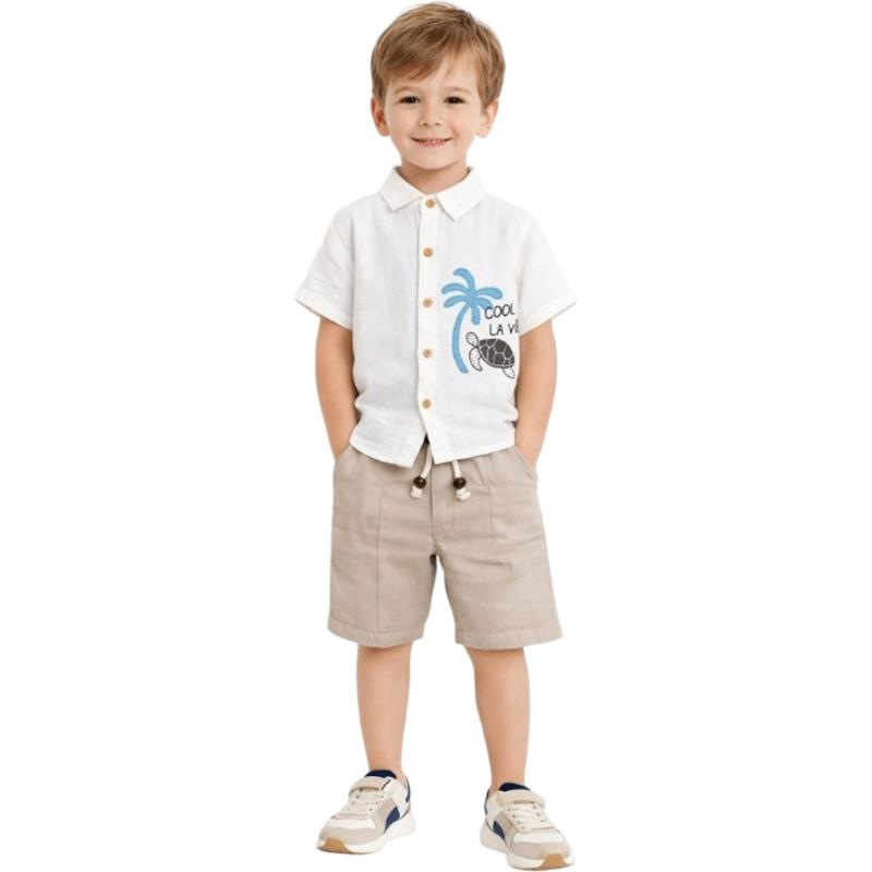 1070 toptan 2/5 yaş erkek çocuklar için palmiye desen gömlek ve şortlu yazlık ikili takım