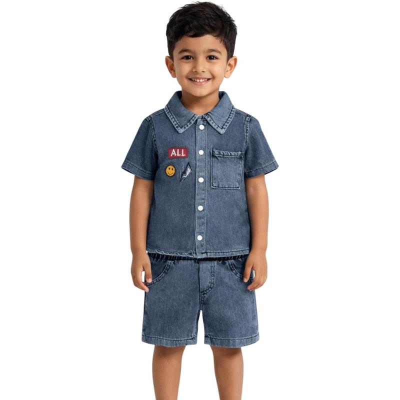 1271 toptan 9/24 aylık erkek çocuklar için ALL nakışlı kot gömlek ve şortlu yazlık ikili takım 