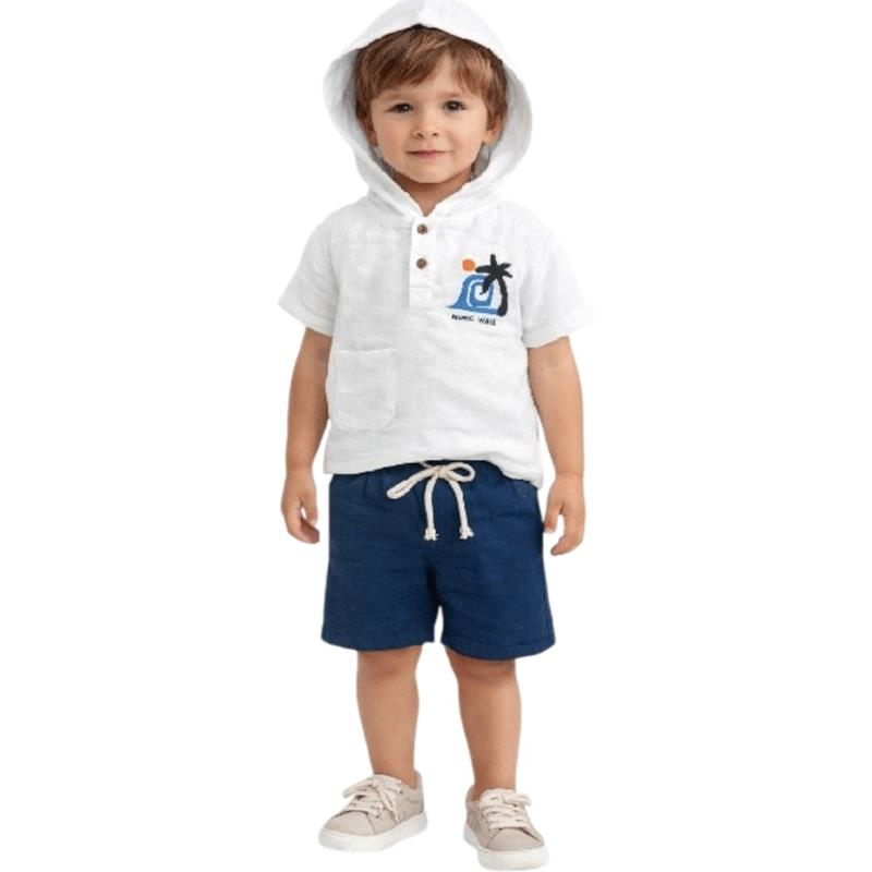 1278 toptan 9/24 aylık erkek çocuklar için palmiye desen kapüşonlu gömlek ve şortlu yazlık ikili takım