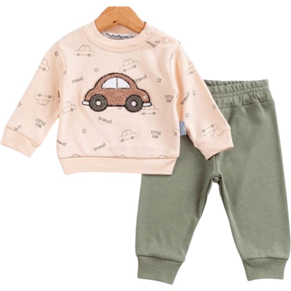 14160 wholesale children's demi-season two-piece suits with a car print for infants aged 9/24 months
