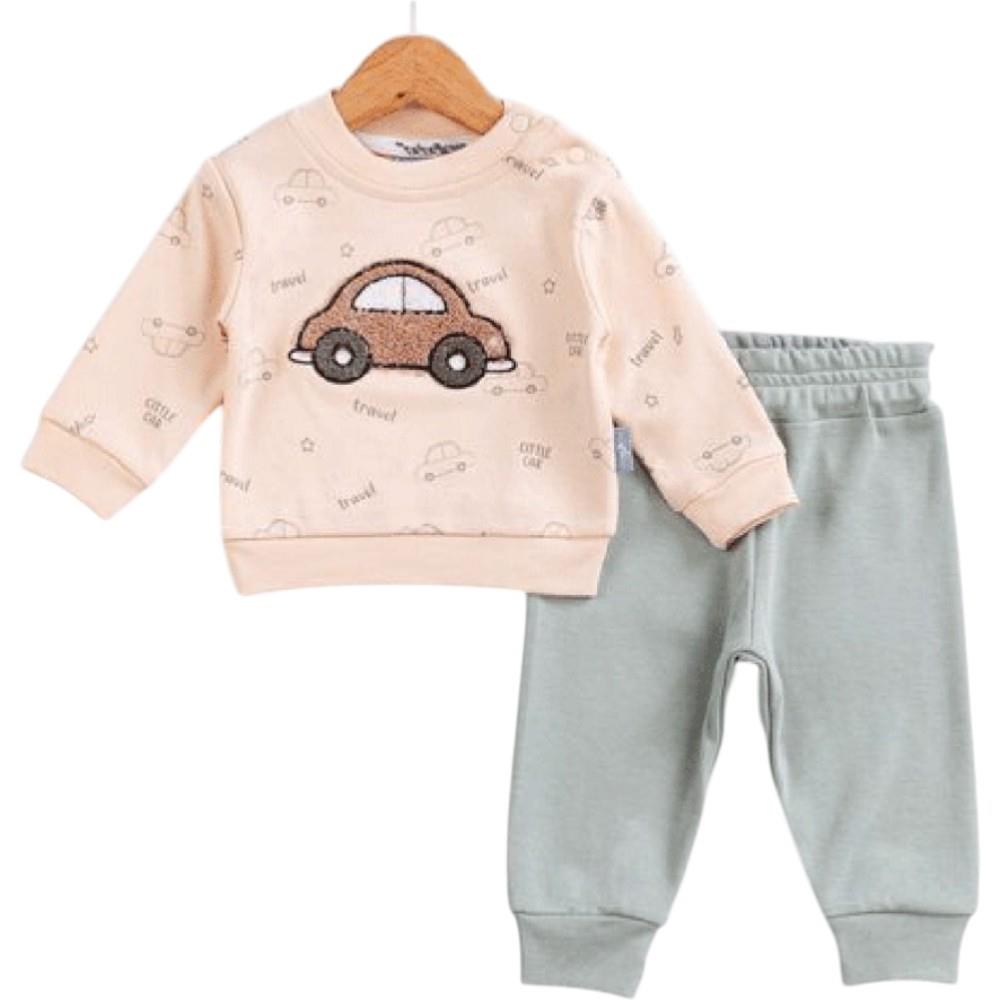 14160 wholesale children's demi-season two-piece suits with a car print for infants aged 9/24 months