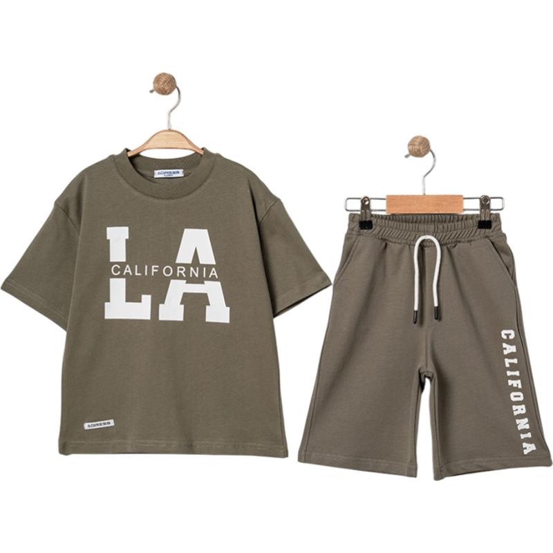 4330  toptan 9/12 yaş arası erkek çocuklar için CALIFORNIA baskılı tişört ve uzun şortlu yazlık ikili takım